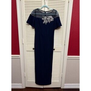 NEW JS COLLECTIONS Fleur Beaded Column GOWN DRESS SIZE 4 $278 NAVY